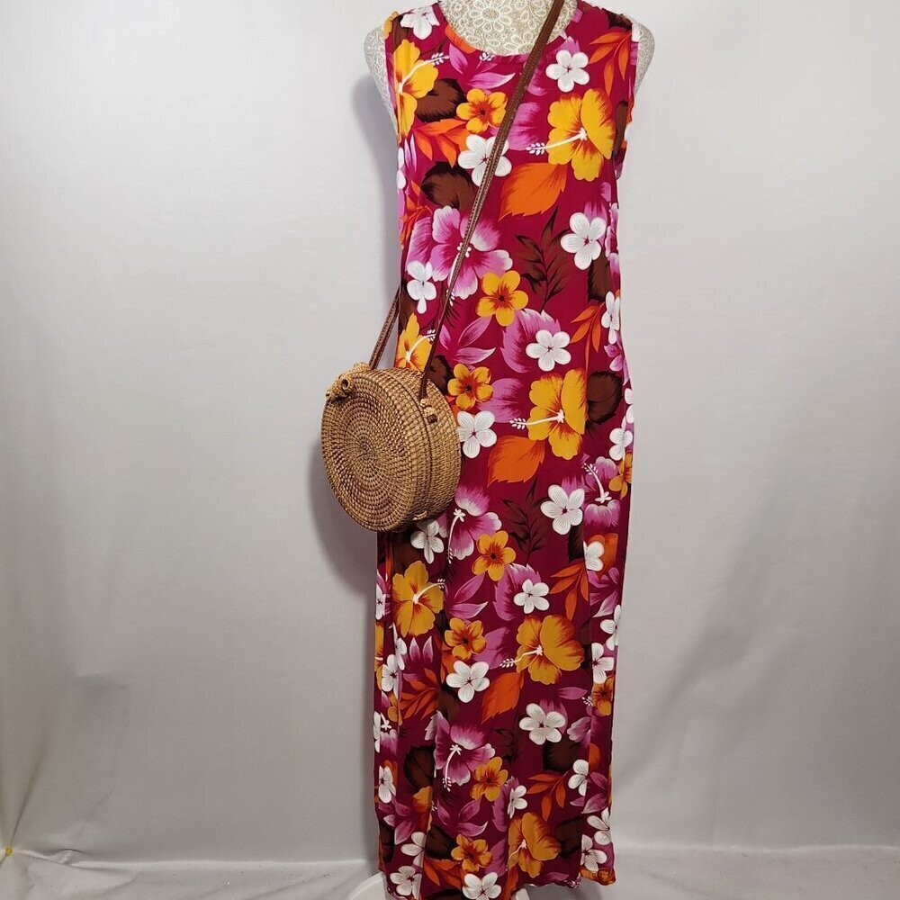 Bali Chic Women's Size Small Tropical Floral Print Sleeveless Maxie Dress Beach